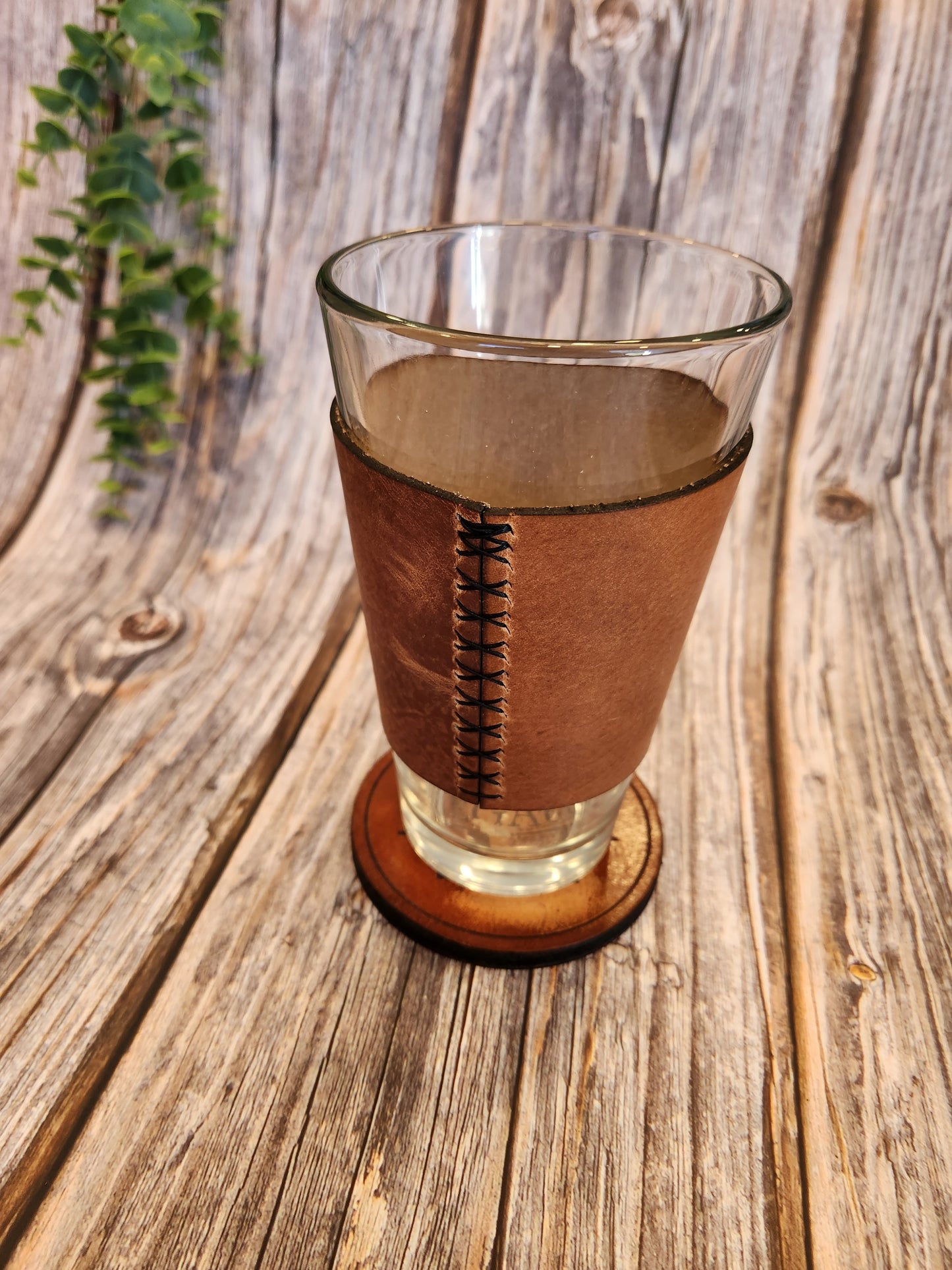Handcrafted Full-Grain American Leather Pint Glass Sleeve | Includes 16oz Glass | Custom Laser Engraved | Heirloom Quality Barware