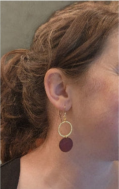 Full-Grain American Leather Dangle Circle Earrings, with Golden or Silver Accents | Handmade in the USA