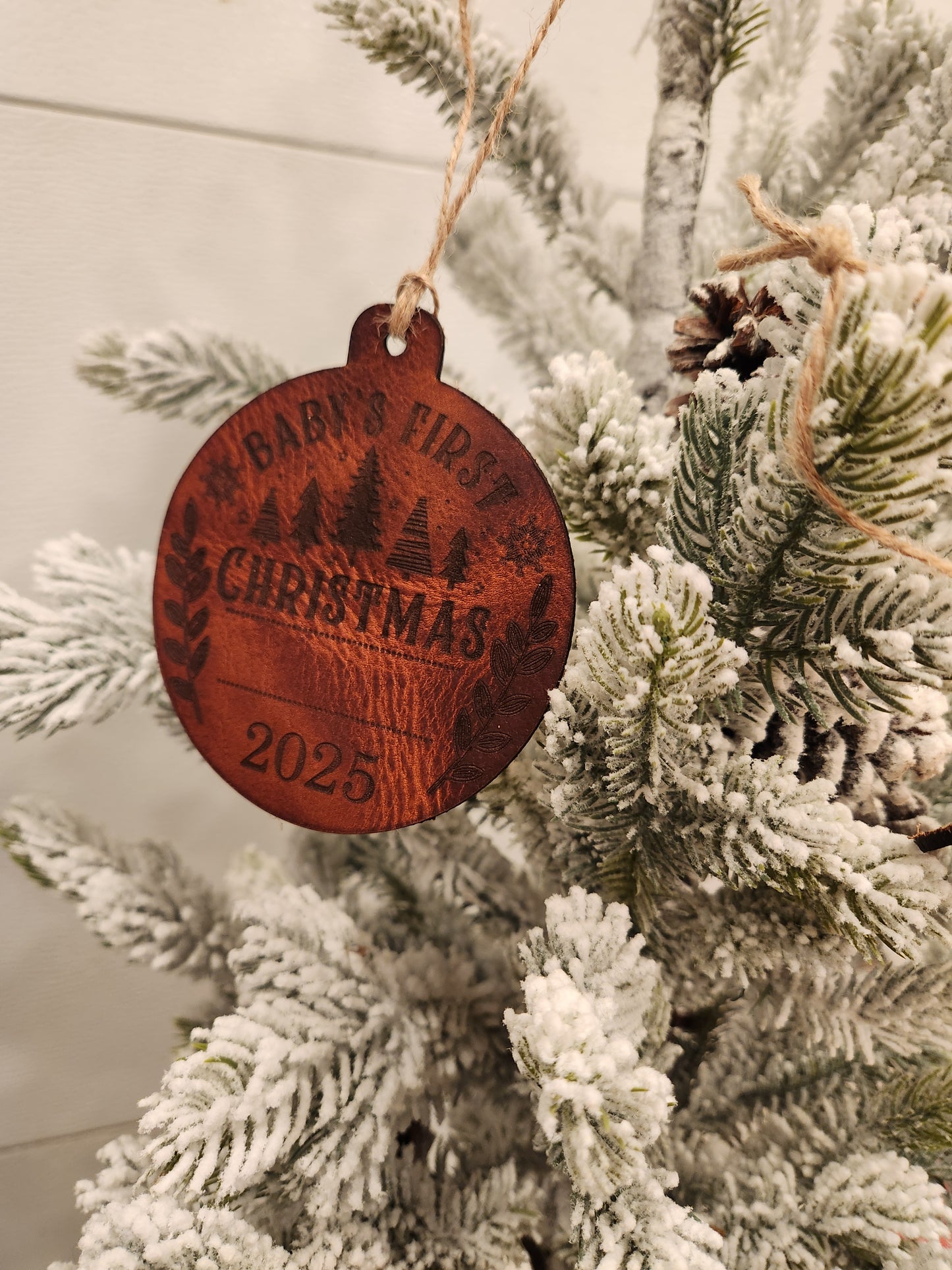 Personalized Full-Grain American Leather “Baby’s First Christmas” Ornament | Custom Name & Year | Heirloom Keepsake | Handmade in the USA
