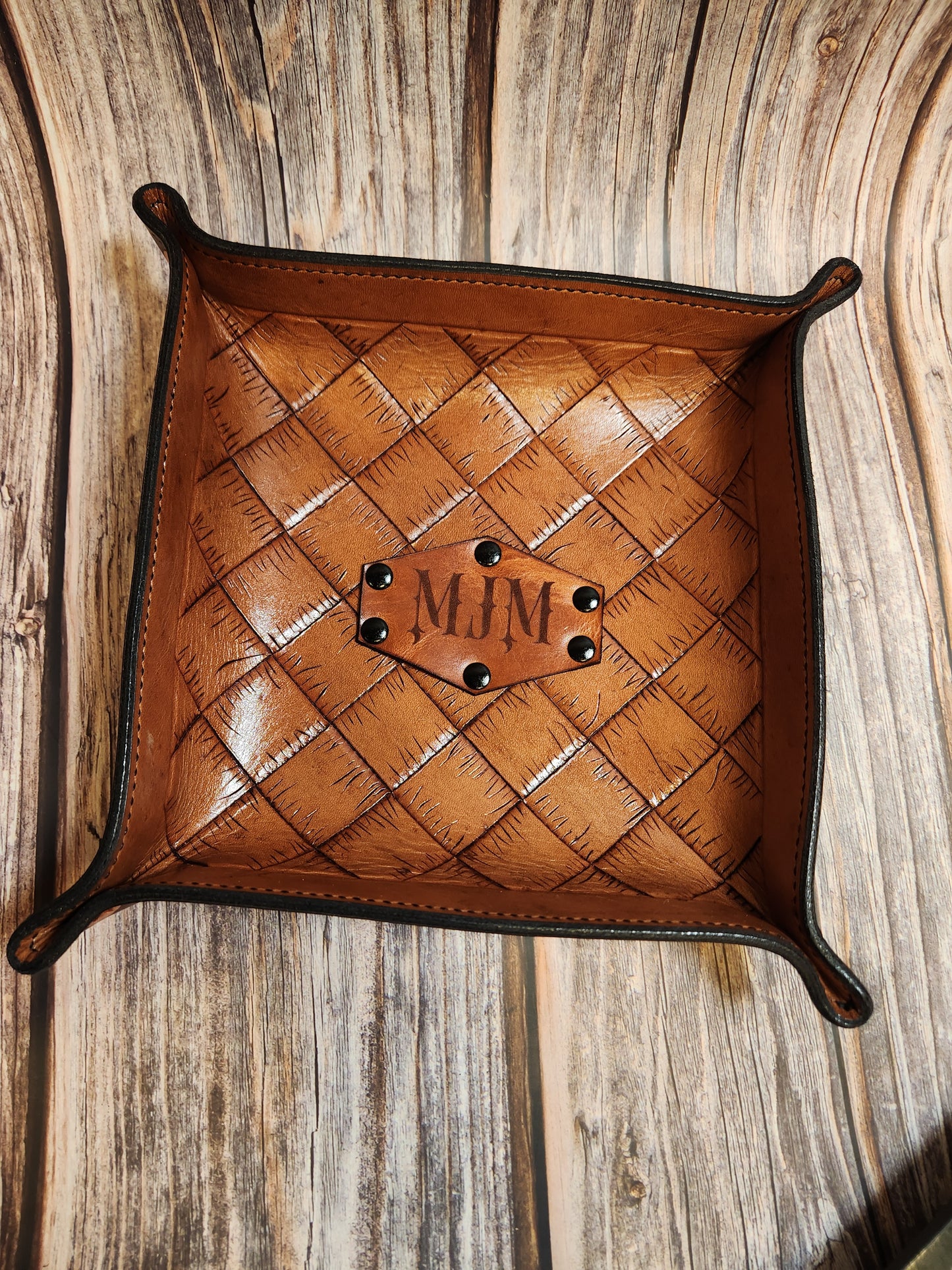 Hand-Tooled, Full-Grain American Leather Valet Tray With Custom Copper Rivets – Personalized Catchall | Handmade in the USA