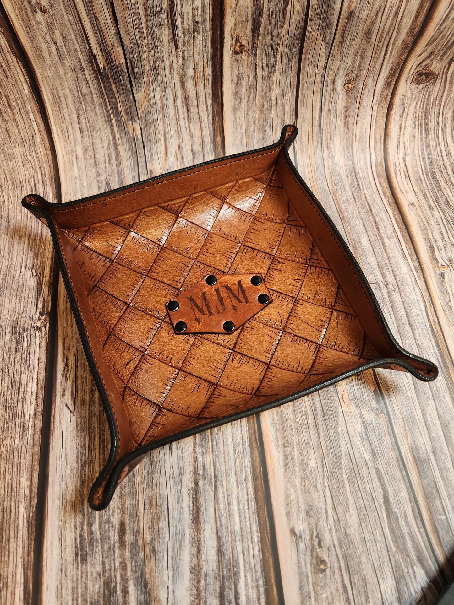 Hand-Tooled, Full-Grain American Leather Valet Tray With Custom Copper Rivets – Personalized Catchall | Handmade in the USA