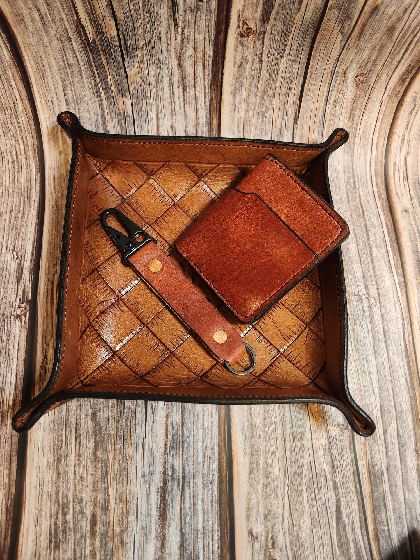 Hand-Tooled, Full-Grain American Leather Valet Tray With Custom Copper Rivets – Personalized Catchall | Handmade in the USA