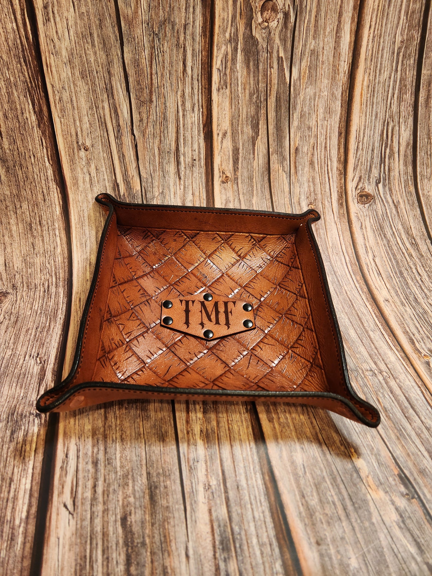Hand-Tooled, Full-Grain American Leather Valet Tray With Custom Copper Rivets – Personalized Catchall | Handmade in the USA