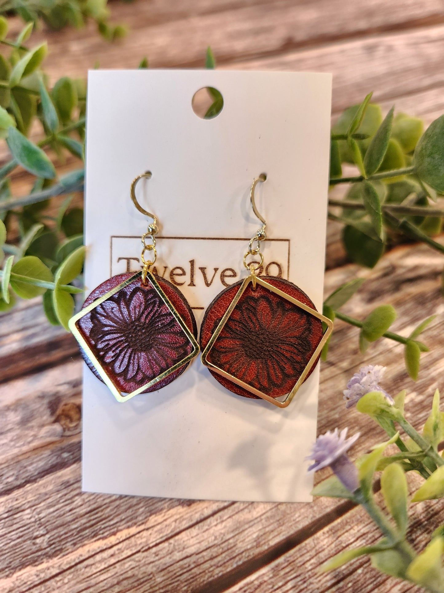 Leather Earrings with Laser Engraved Sunflower and Gold Colored Accents