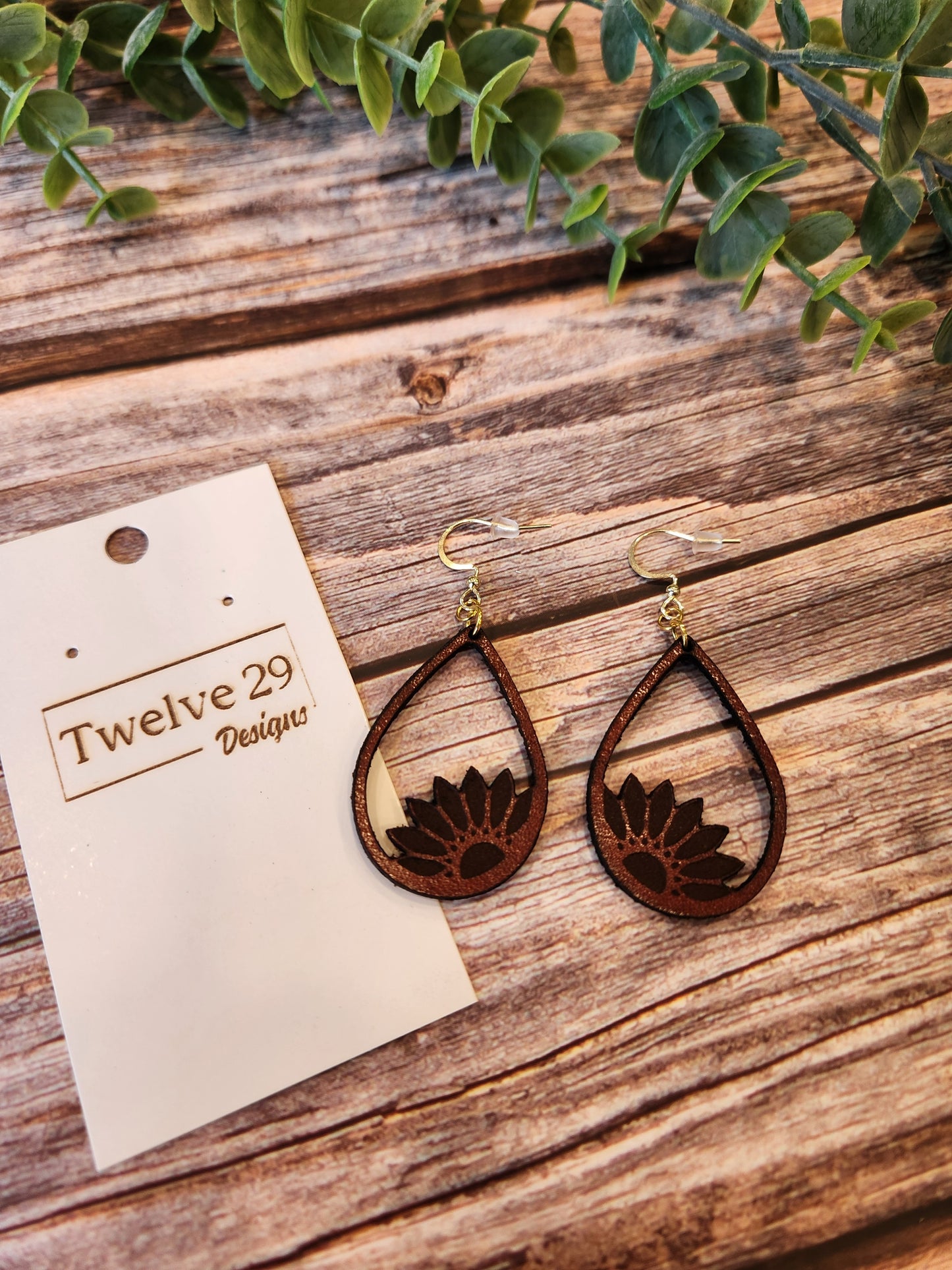 Leather Earrings, Full Grain Leather with Laser Engraved Sunflower in a Teardrop Shape