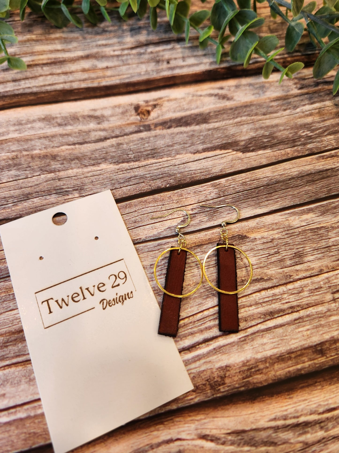 Leather Earrings, English Tan Rectangle with Golden Circle Accent