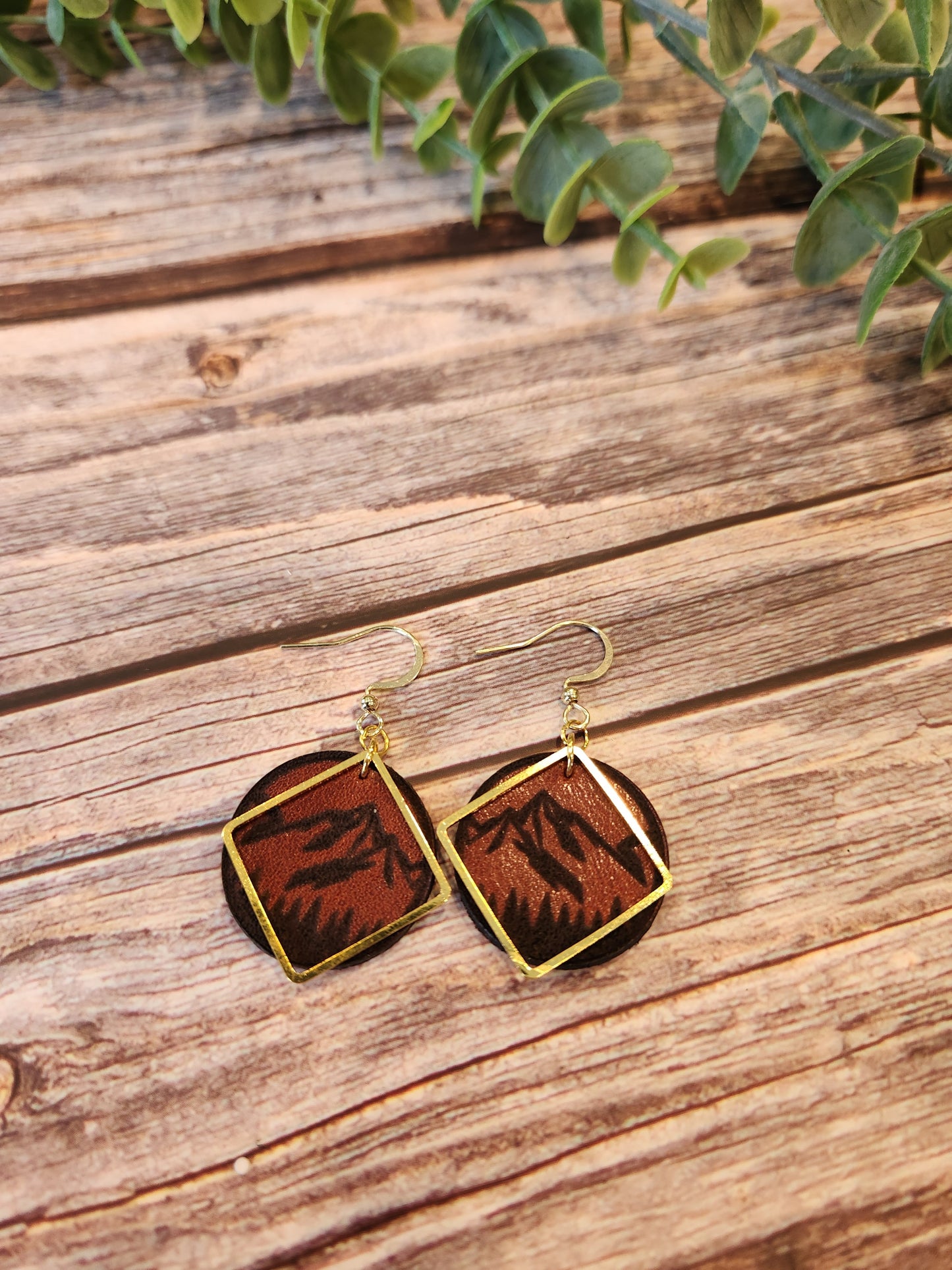 Leather Earrings with Laser Engraved Mountains and Gold Colored Accents