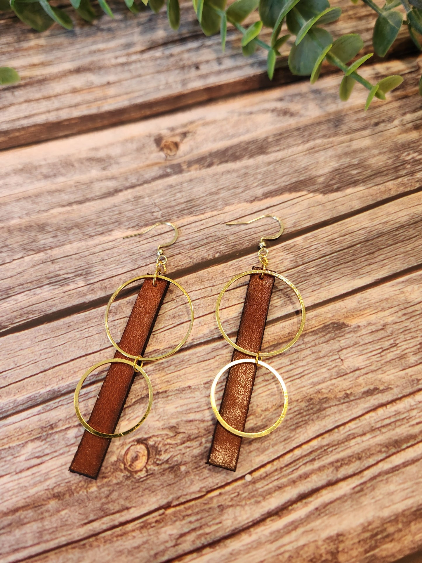Leather Dangle Earrings, English Tan Long Rectangle with Two Golden Circle Accents