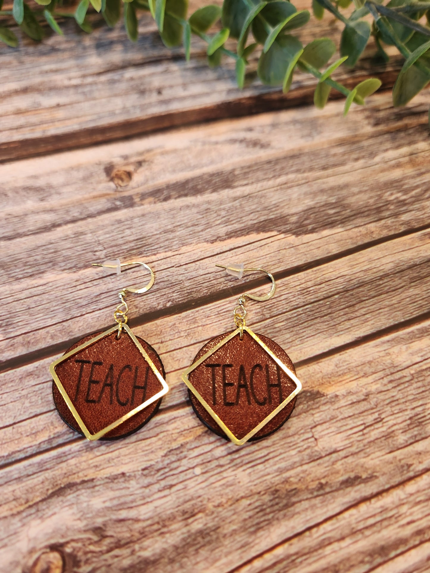 Leather Earrings with Laser Engraved TEACH and Gold Colored Accents