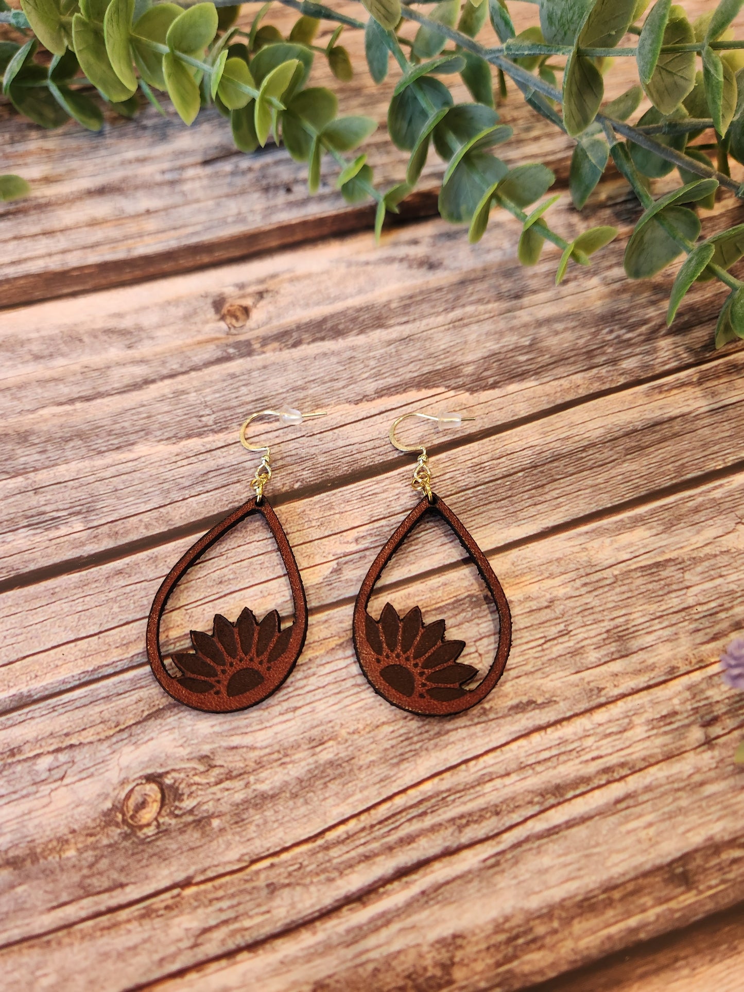 Leather Earrings, Full Grain Leather with Laser Engraved Sunflower in a Teardrop Shape