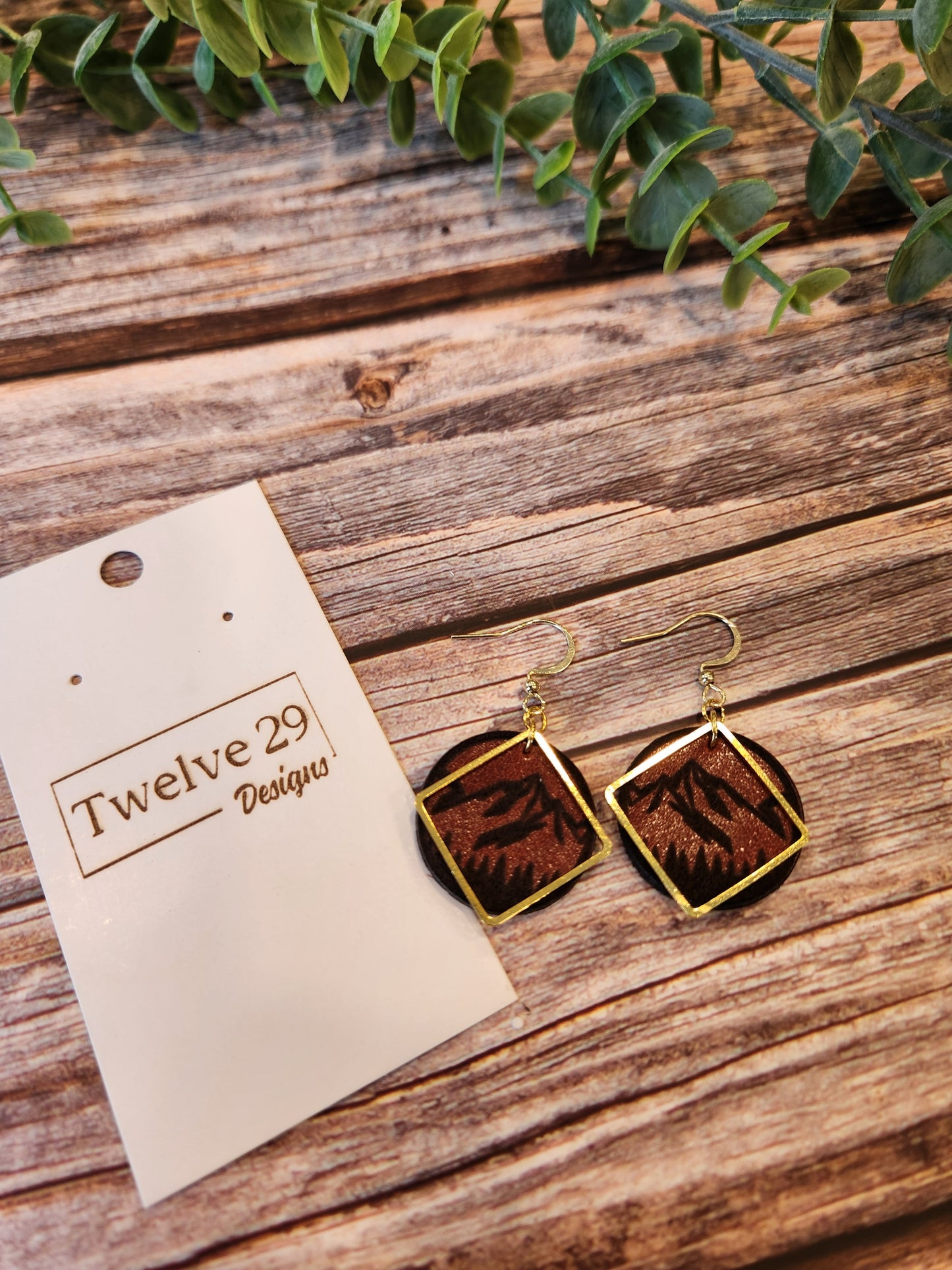 Leather Earrings with Laser Engraved Mountains and Gold Colored Accents