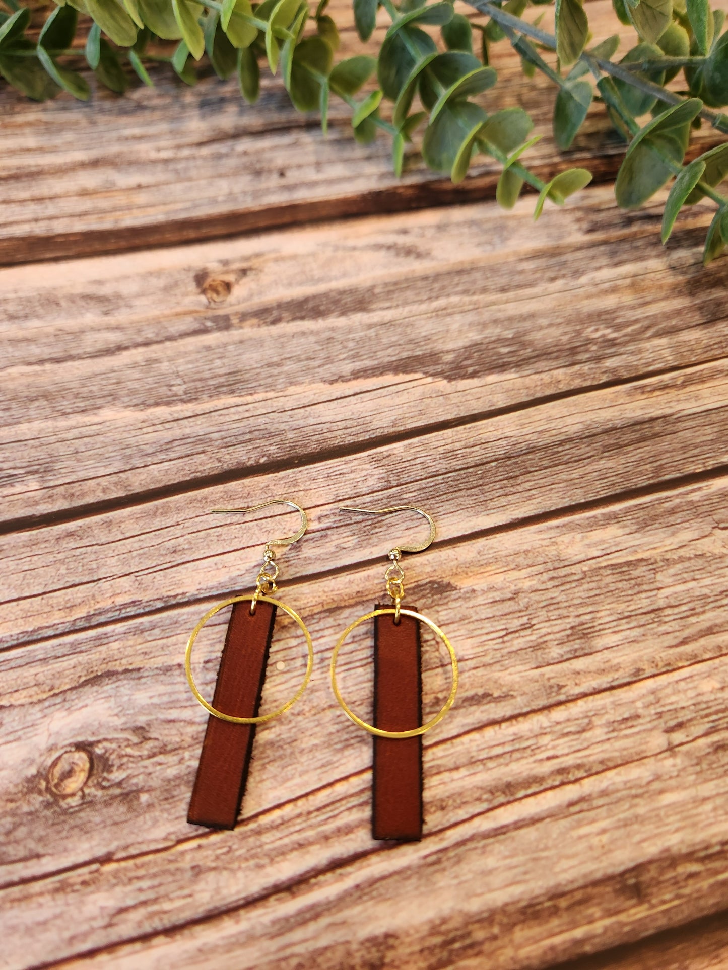 Leather Earrings, English Tan Rectangle with Golden Circle Accent