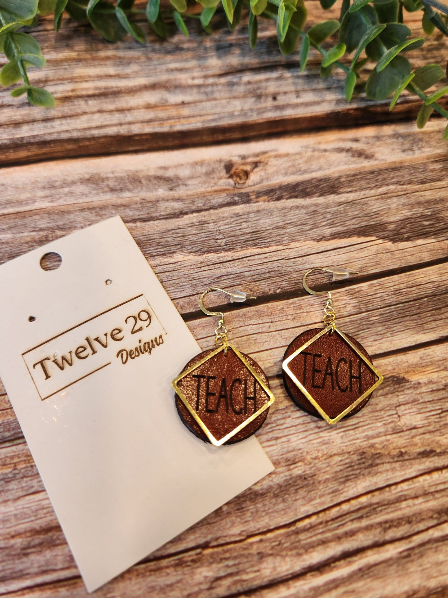 Leather Earrings with Laser Engraved TEACH and Gold Colored Accents