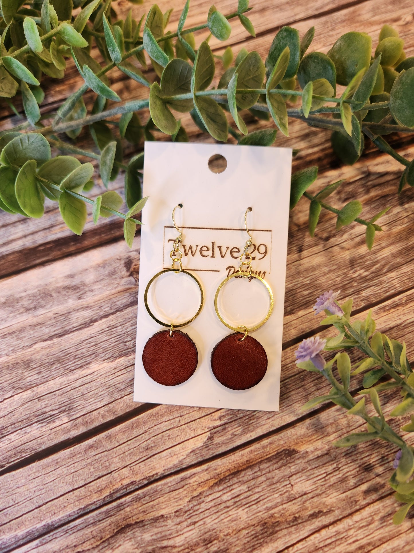 Leather Dangle Circle Earrings, English Tan with Golden Accents
