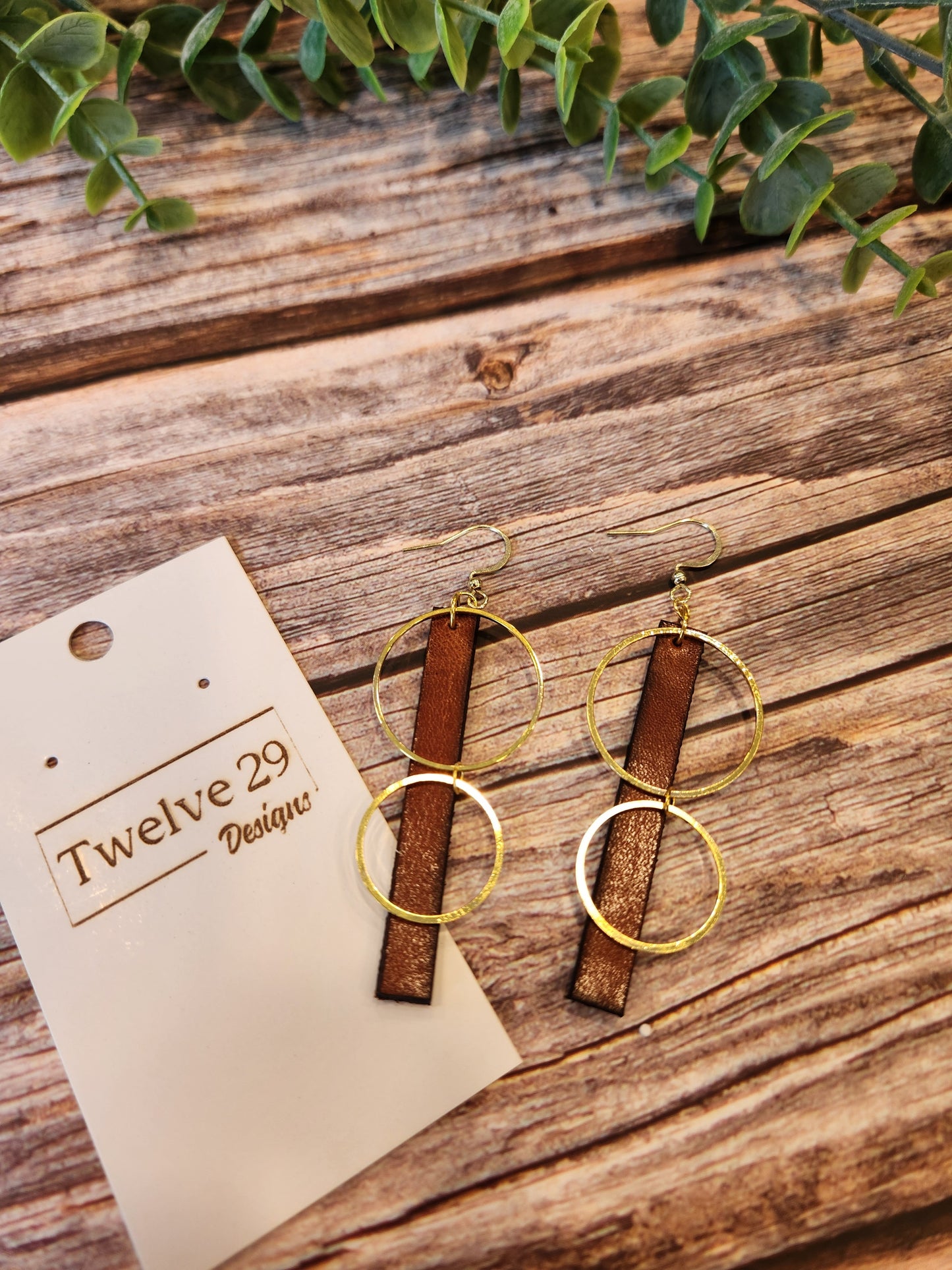 Leather Dangle Earrings, English Tan Long Rectangle with Two Golden Circle Accents