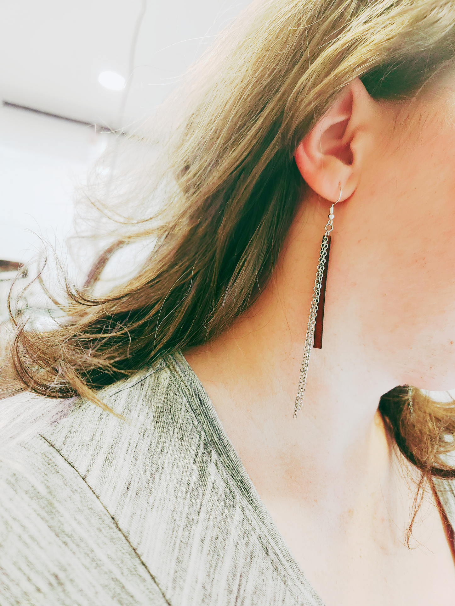 Full-Grain American Leather Long Dangle Earrings, Thin Rectangle with Double Silver Chain Accents | Handmade in the USA