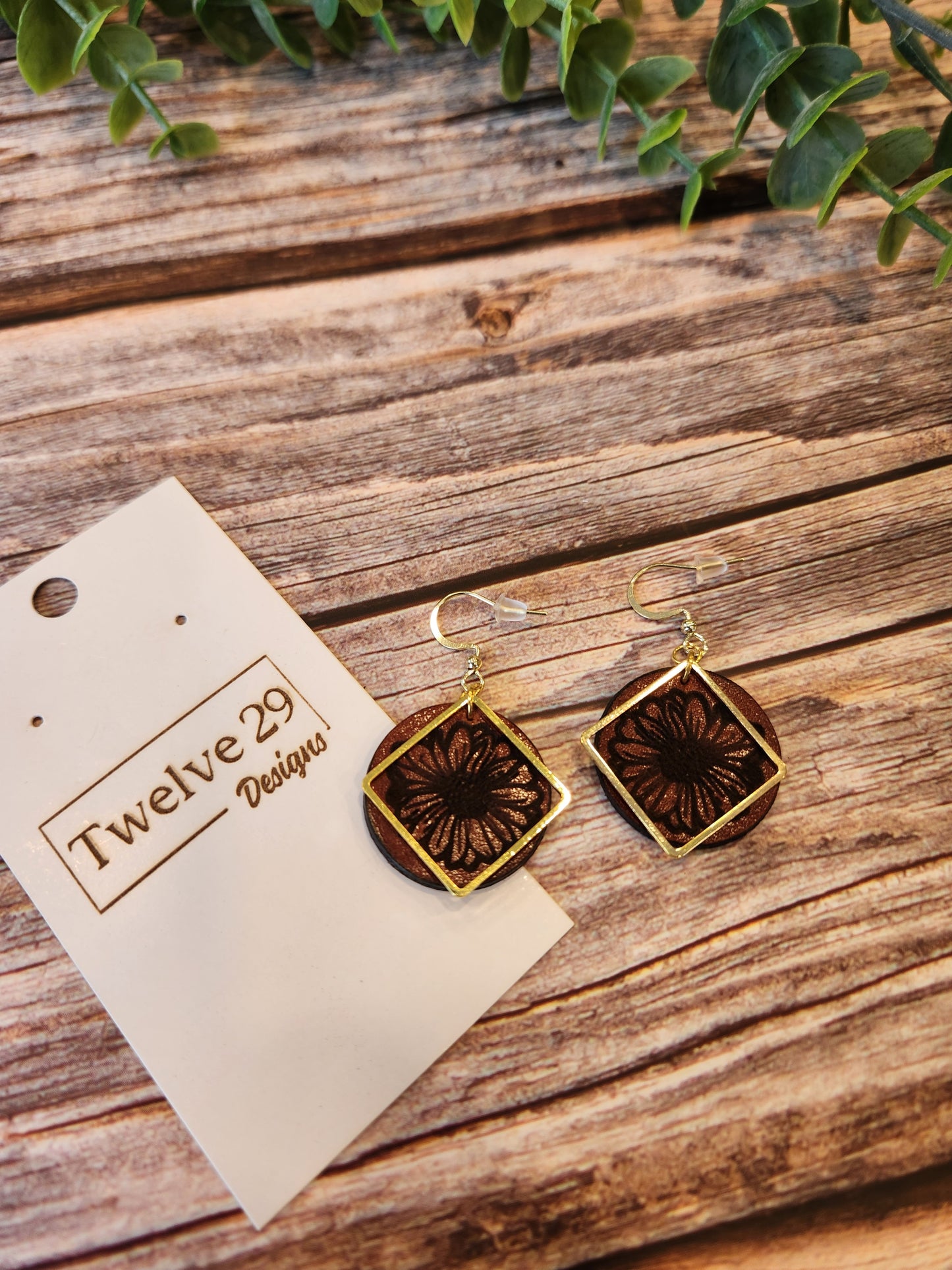 Leather Earrings with Laser Engraved Sunflower and Gold Colored Accents