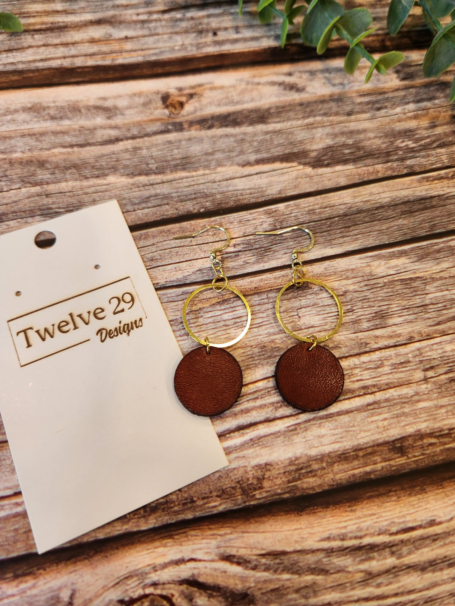 Leather Dangle Circle Earrings, English Tan with Golden Accents