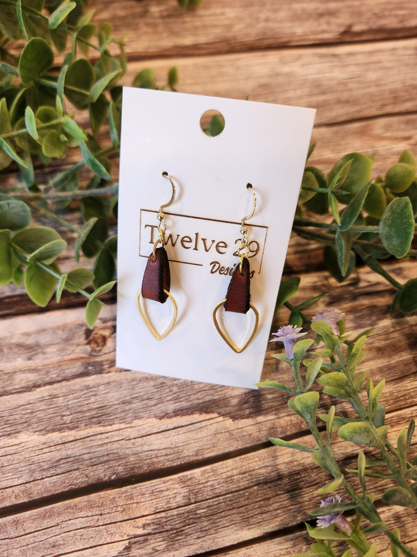 Leather Earrings, English Tan with Small Teardrop Accent