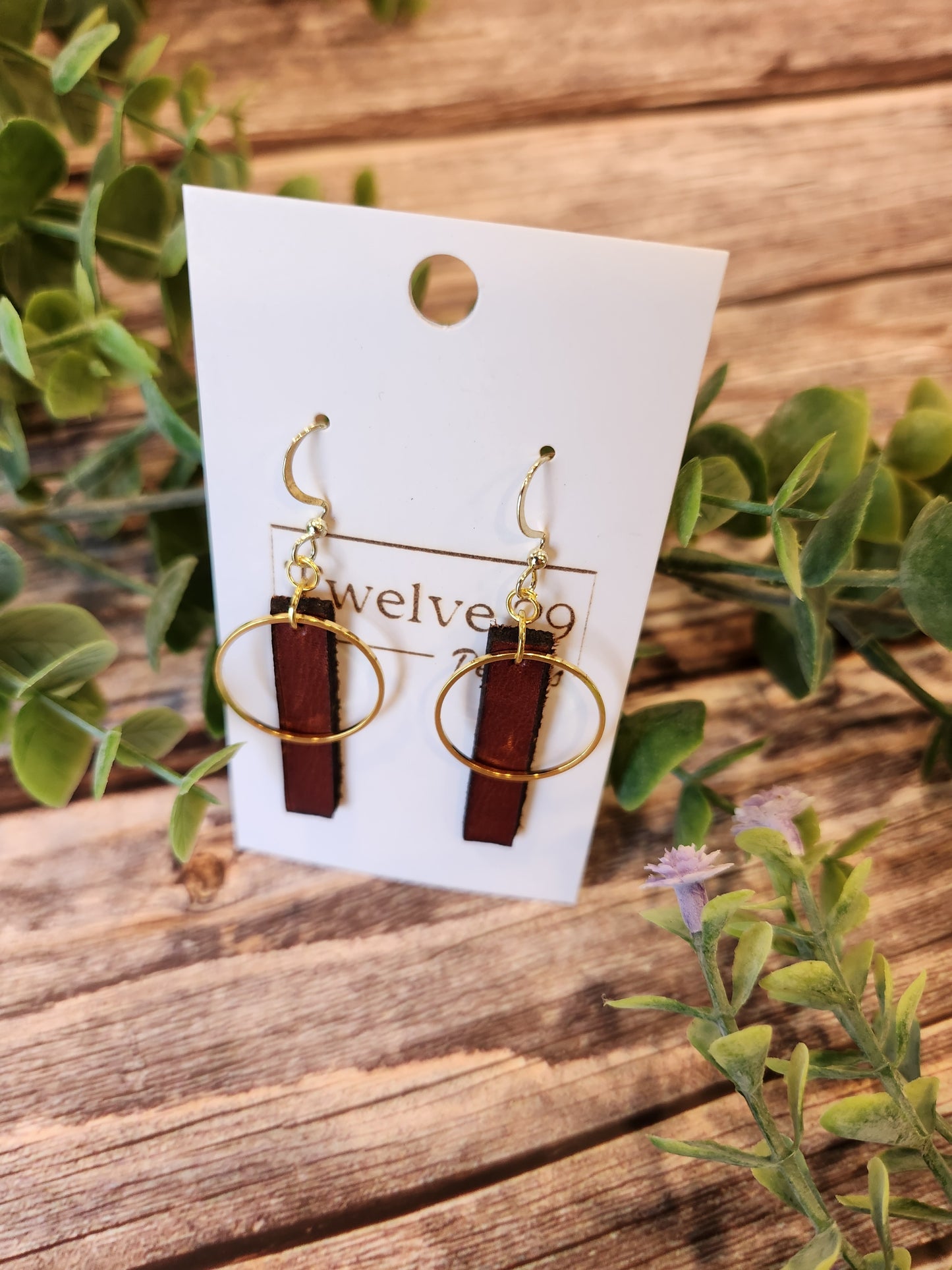 Leather Earrings, English Tan Rectangle with Golden Circle Accent