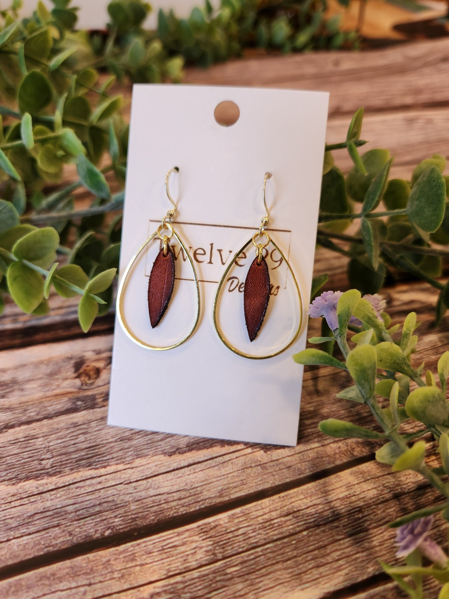 Leather Earrings, English Tan with Gold Colored Accents in an Elegant Teardrop Shape