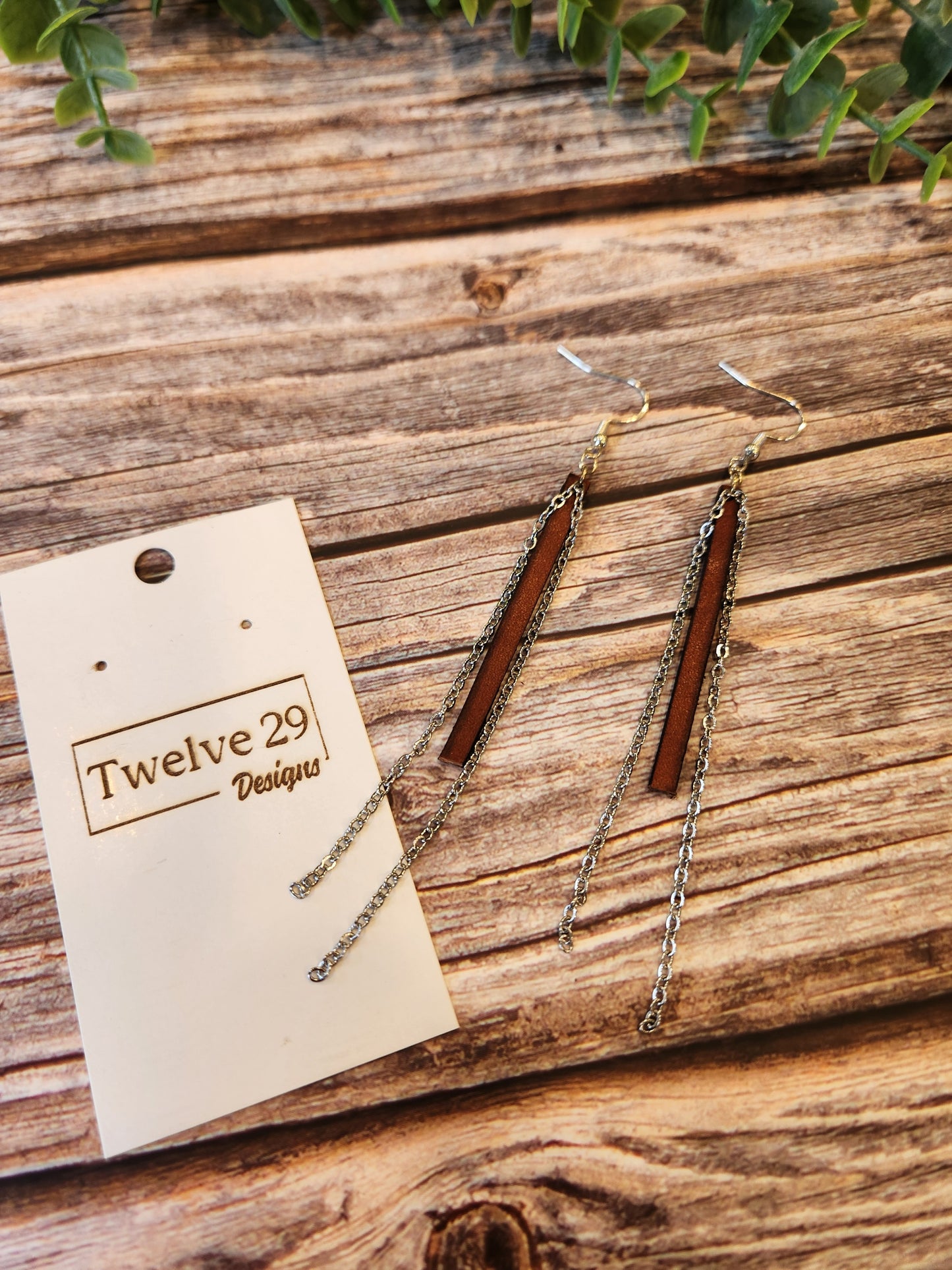 Leather, Long, Dangle Earrings, English Tan with Double Silver Chain Accents