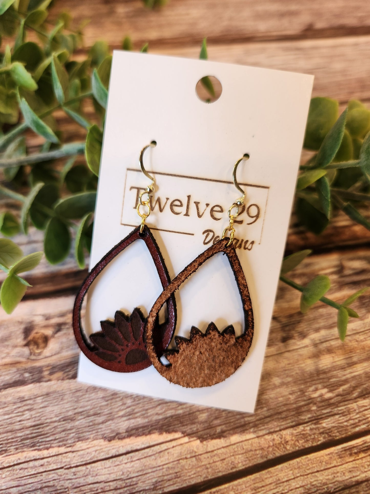 Leather Earrings, Full Grain Leather with Laser Engraved Sunflower in a Teardrop Shape