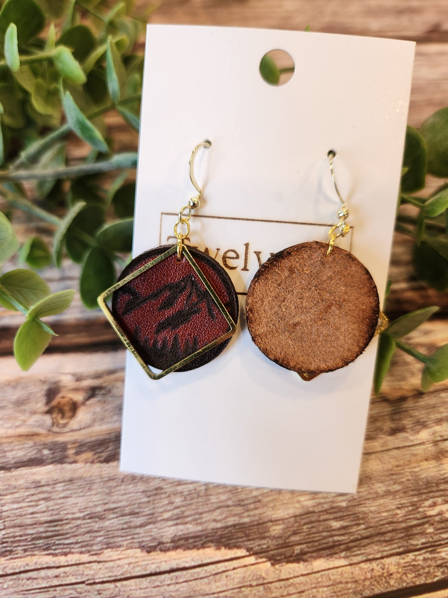Leather Earrings with Laser Engraved Mountains and Gold Colored Accents