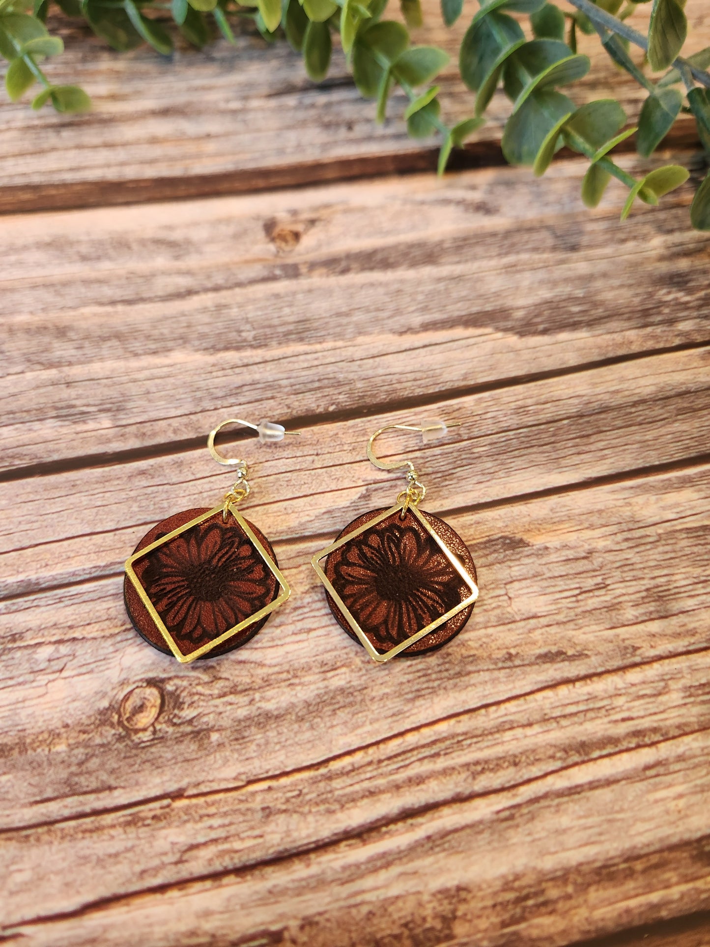 Leather Earrings with Laser Engraved Sunflower and Gold Colored Accents
