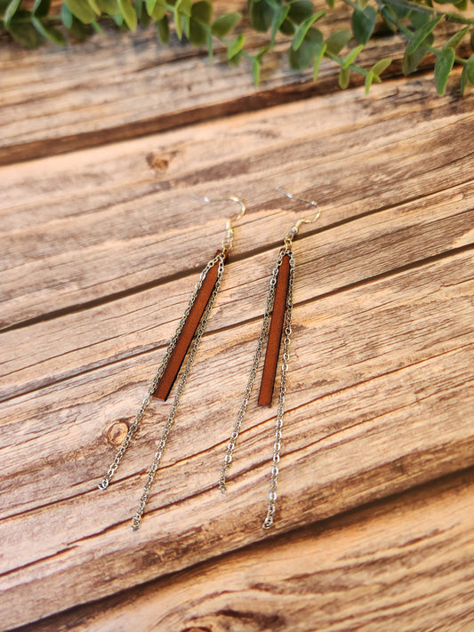 Leather, Long, Dangle Earrings, English Tan with Double Silver Chain Accents