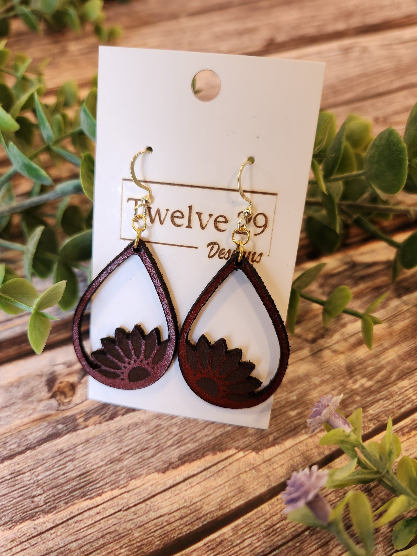 Leather Earrings, Full Grain Leather with Laser Engraved Sunflower in a Teardrop Shape