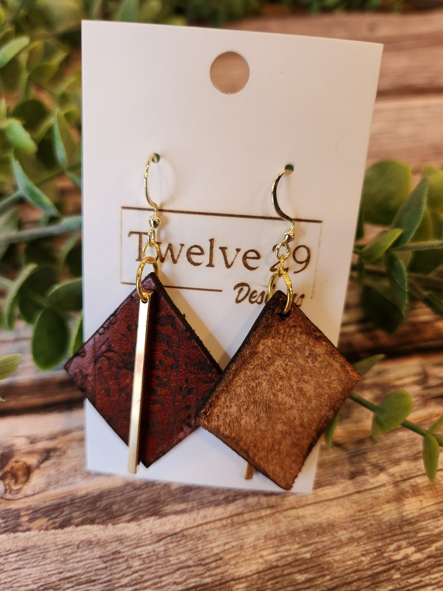 Leather Earrings, English Tan with Delicate Floral Engraving and Gold Colored Bar accent