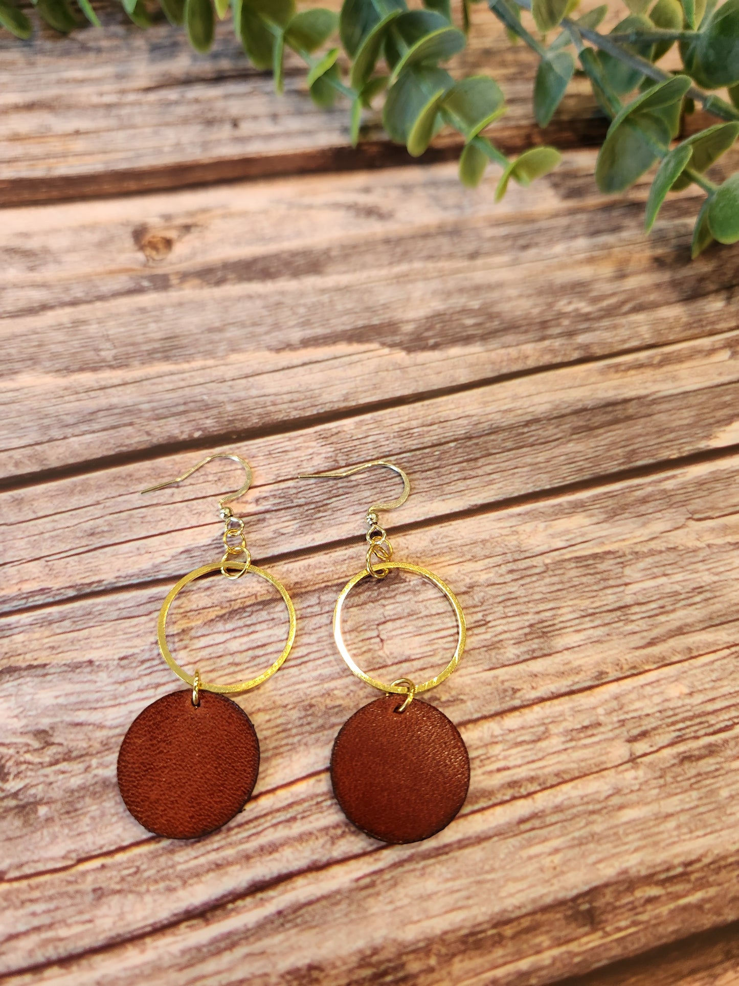 Leather Dangle Circle Earrings, English Tan with Golden Accents